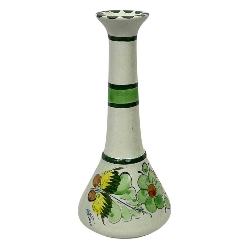 Tonala Pottery Bud Vase Floral Folk Art Signed CAT‎ Mexico Hand Painted 8"